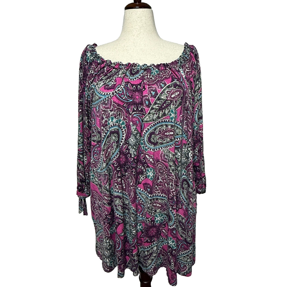 Catherines Top‎ Womens 1X Pink Blue Colorful Paisley Flowy Pullover Career